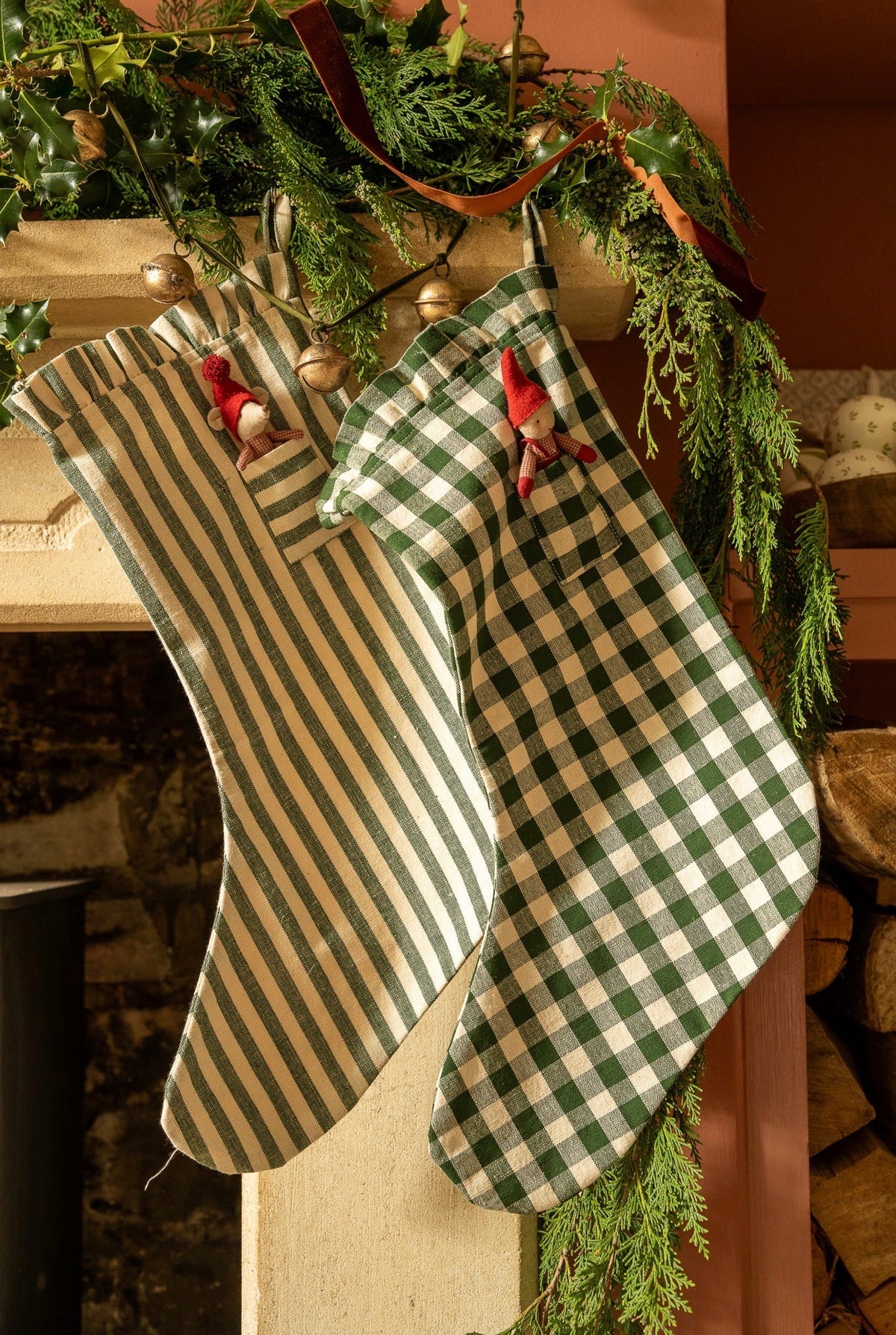 The Pocket Ruffle Stocking - Stripe in Pine Green