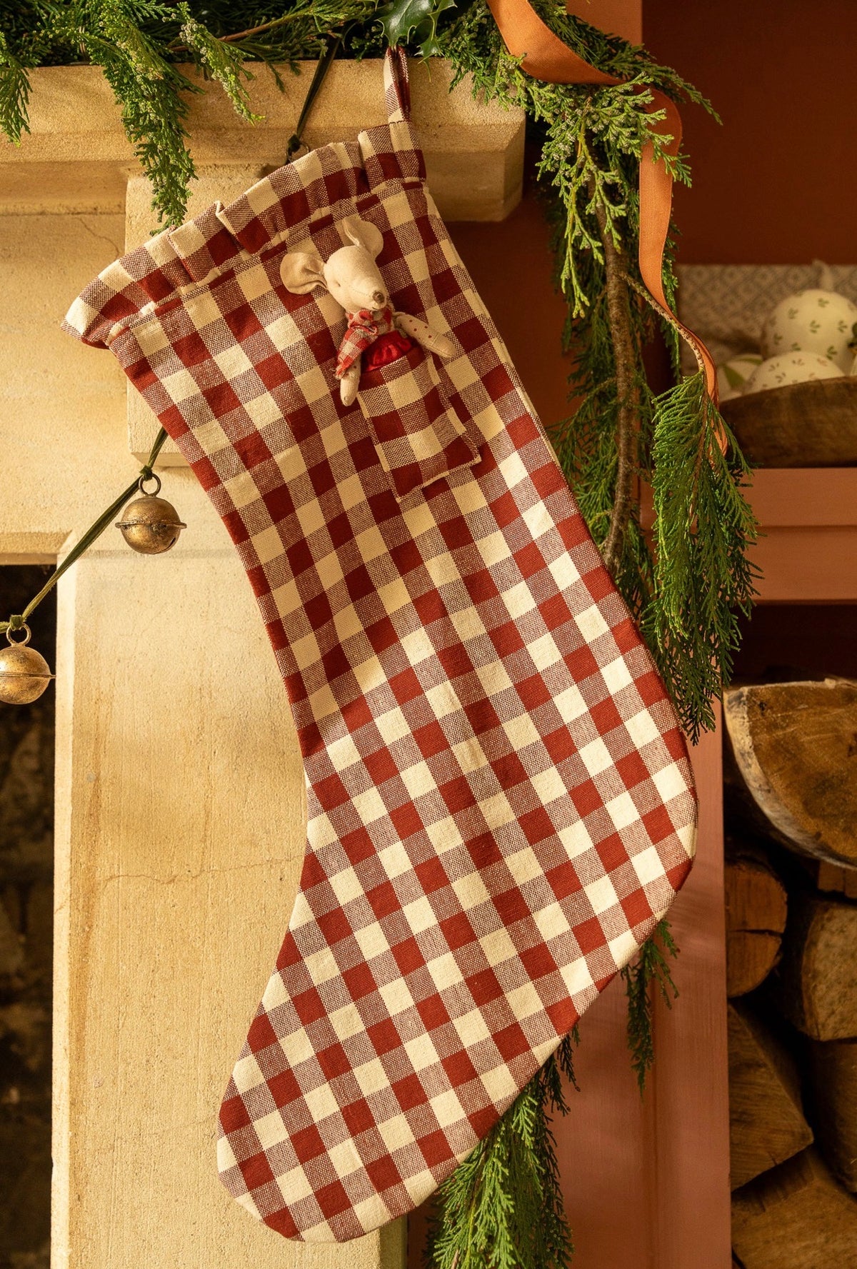 The Pocket Ruffle Stocking - Gingham in Winter Berry