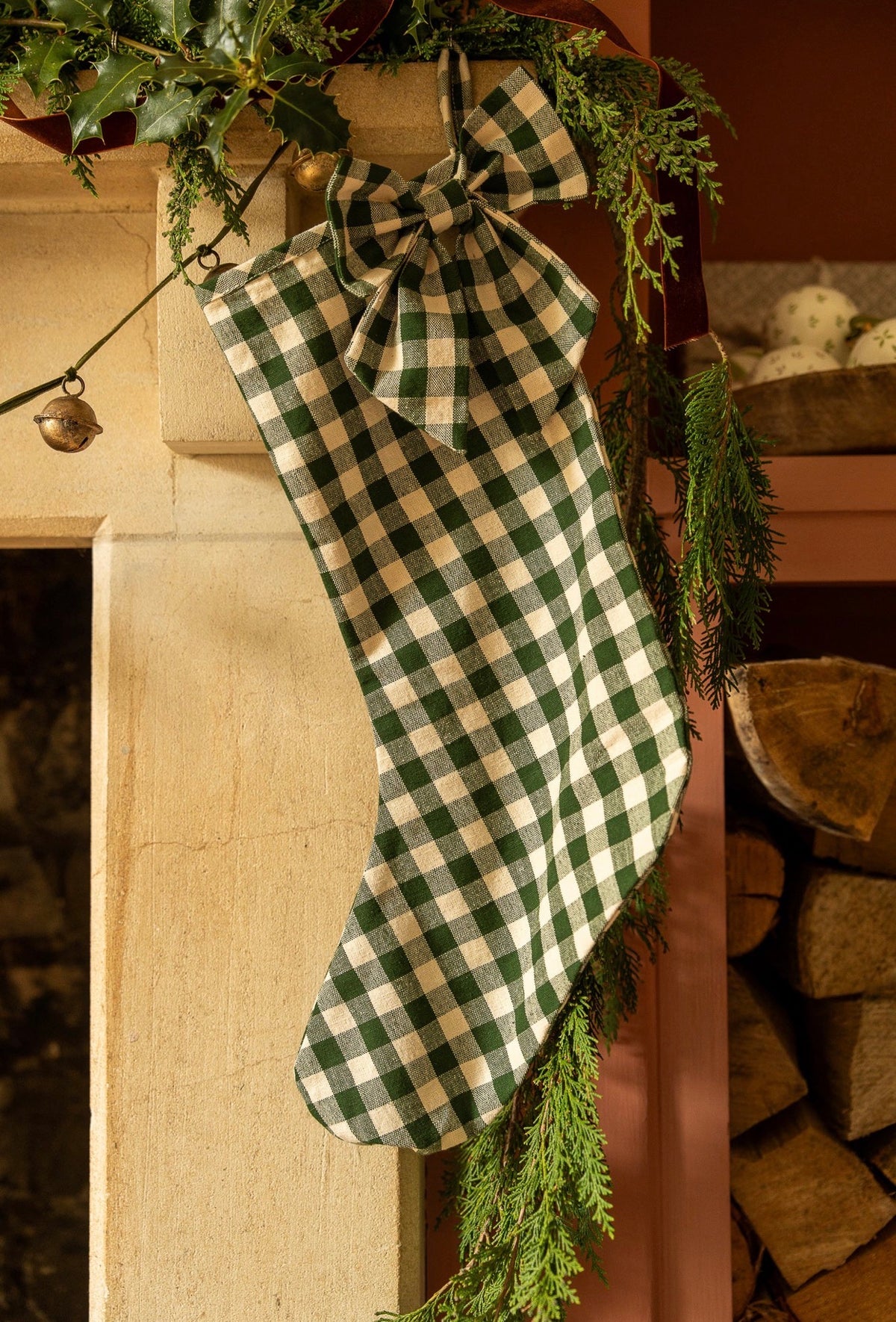 The Bow Stocking - Gingham in Pine Green