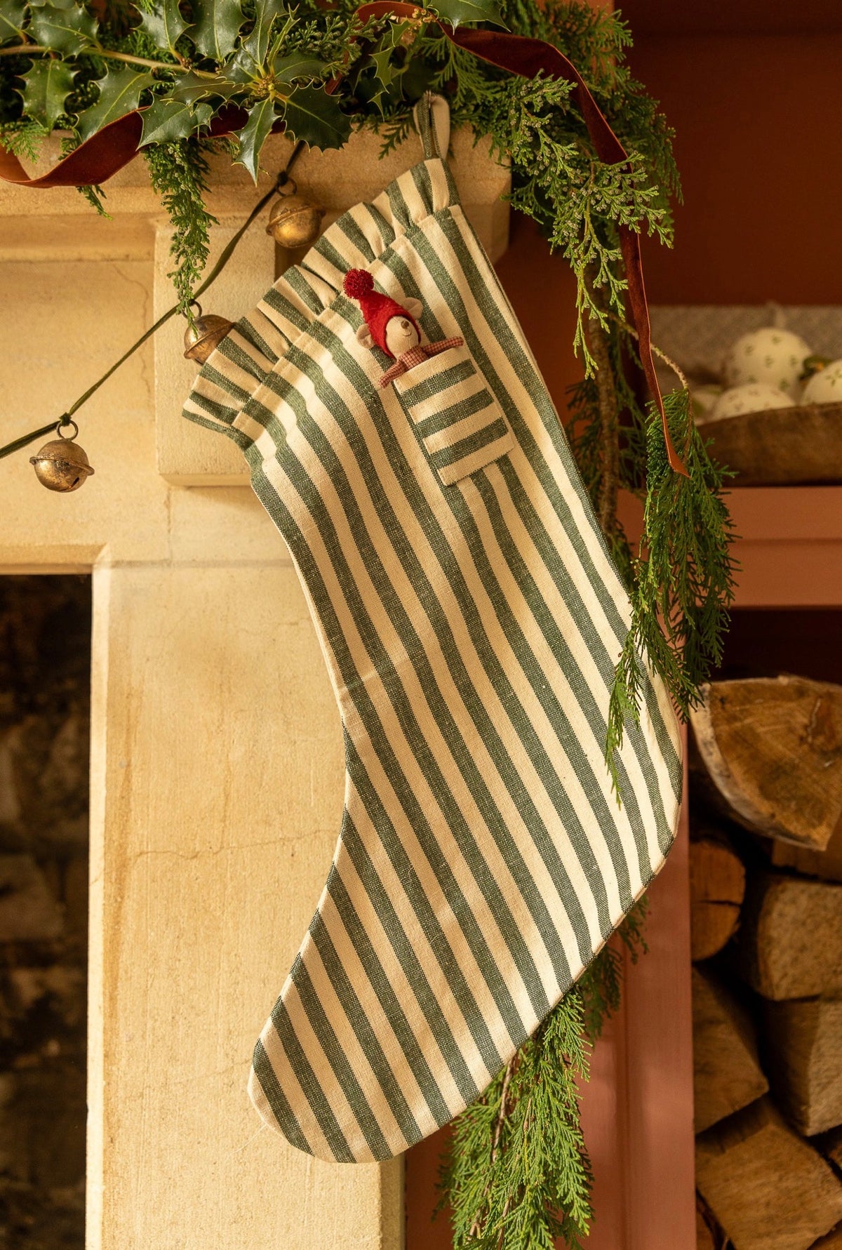 The Pocket Ruffle Stocking - Stripe in Pine Green